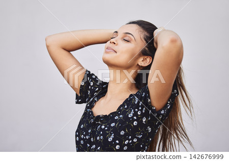 Woman, haircare and healthy hair for shampoo, beauty and keratin treatment with mockup. Female model, aesthetic and balayage for color or texture, salon or hairdresser on white background outdoor Woman, haircare and healthy hair for shampoo, beauty and keratin treatment with mockup. Female model, aesthetic and balayage for color or texture, salon or hairdresser on white background outdoor 142676999