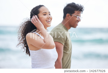 Couple, beach and nature vacation together, seaside trip and smile for travel or peace for summer break. Romantic, stroll and ocean date or adventure, quality time and relax for outdoor love Couple, beach and nature vacation together, seaside trip and smile for travel or peace for summer break. Romantic, stroll and ocean date or adventure, quality time and relax for outdoor love 142677026