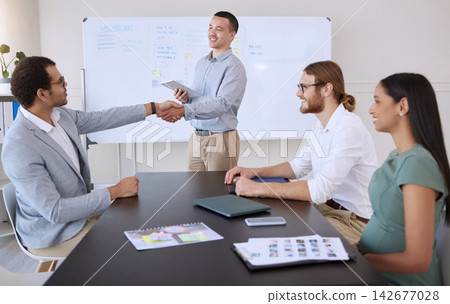 Handshake, businessman and tablet in office for presentation, job recruitment and marketing strategy. Success, congratulations and man for partnership or career promotion in workplace with pride Handshake, businessman and tablet in office for presentation, job recruitment and marketing strategy. Success, congratulations and man for partnership or career promotion in workplace with pride 142677028