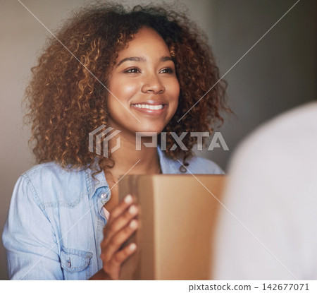 African woman, home and package delivery or courier service for e commerce and logistics or supply chain. Happy customer with box, parcel or stock for shipping, distribution and product of shopping African woman, home and package delivery or courier service for e commerce and logistics or supply chain. Happy customer with box, parcel or stock for shipping, distribution and product of shopping 142677071