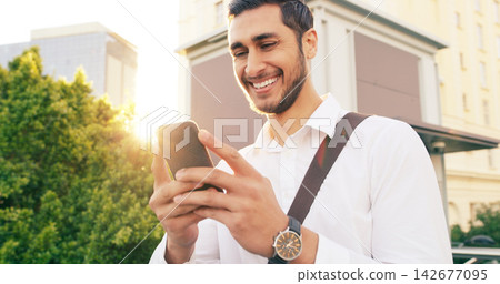 Phone, news and happy businessman walking in city with social media, chat or notification on morning commute. Smartphone, travel and entrepreneur outdoor with web scroll, gif or meme communication Phone, news and happy businessman walking in city with social media, chat or notification on morning commute. Smartphone, travel and entrepreneur outdoor with web scroll, gif or meme communication 142677095