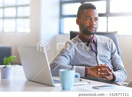 Business, thinking and black man with laptop, choice and opportunity with decision, solution or thoughts. African person, consultant or employee with pc, hands together or problem solving for project Business, thinking and black man with laptop, choice and opportunity with decision, solution or thoughts. African person, consultant or employee with pc, hands together or problem solving for project 142677111