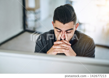 Businessman, eye strain and tired with stress by computer in office with burnout, migraine and top view by desk. Professional, employee and discomfort from work deadline, frustrated and mental health Businessman, eye strain and tired with stress by computer in office with burnout, migraine and top view by desk. Professional, employee and discomfort from work deadline, frustrated and mental health 142677213