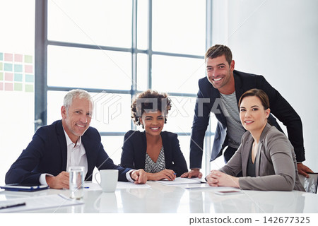 Lawyer, group and portrait in office with people, smile and documents for compliance at legal agency. Teamwork, men and women with paperwork, review and happy for investigation at corporate law firm 142677325