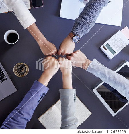 Fist bump, business people and above in office for meeting with planning, synergy and teamwork. Collaboration, hands and trust in financial company with documents for partnership with technology. Fist bump, business people and above in office for meeting with planning, synergy and teamwork. Collaboration, hands and trust in financial company with documents for partnership with technology. 142677329