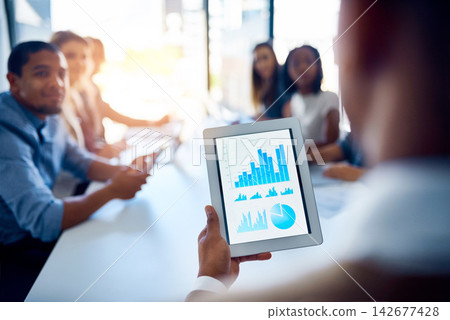 Tablet, screen and business people in meeting room with charts, graphs and stats for productivity growth. Data analysis, men and women with digital app for performance review, development or planning Tablet, screen and business people in meeting room with charts, graphs and stats for productivity growth. Data analysis, men and women with digital app for performance review, development or planning 142677428