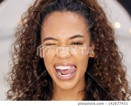 Emoji face, woman and happy in studio for skincare, beauty and cosmetics or collagen for wellness. Gen Z, Brazilian female person and excited for dermatology, glow and microblading results in salon Emoji face, woman and happy in studio for skincare, beauty and cosmetics or collagen for wellness. Gen Z, Brazilian female person and excited for dermatology, glow and microblading results in salon 142677431