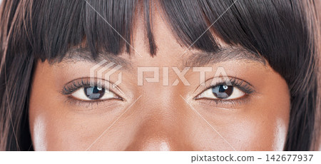 Eyes, woman and beauty portrait with eyebrow microblading, epilation and skincare in studio. Wellness, cosmetics and vision care with relax treatment for eyelash extension and dermatology for glow 142677937