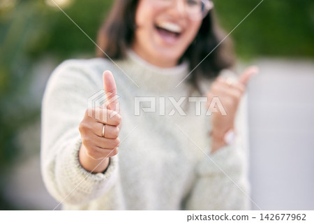 Outdoor, hands or happy woman with thumbs up for success, good job or like for feedback in park. Positive icon, great gesture or excited person with thank you smile, yes sign or vote for okay review Outdoor, hands or happy woman with thumbs up for success, good job or like for feedback in park. Positive icon, great gesture or excited person with thank you smile, yes sign or vote for okay review 142677962