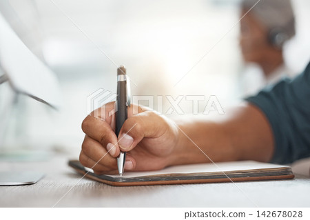 Business person, hands and writing with notebook for planning, schedule or reminder on desk at office. Closeup of employee, accountant or financial advisor taking notes in diary for task at workplace 142678028