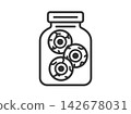 An illustration (line drawing) of a colorful eyeball icon in a bottle. 142678031