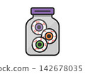 An illustration of a colorful eyeball icon (line drawing in color) in a bottle. 142678035