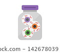 An illustration of a colorful eyeball icon in a bottle. 142678039