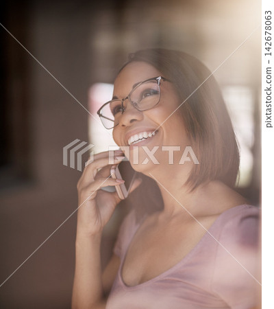 Woman, smile and phone call in house with conversation for talking, happiness and glasses. Smiling person, thoughtful and speaking with mobile by home window for discussion, smartphone and eyewear Woman, smile and phone call in house with conversation for talking, happiness and glasses. Smiling person, thoughtful and speaking with mobile by home window for discussion, smartphone and eyewear 142678063
