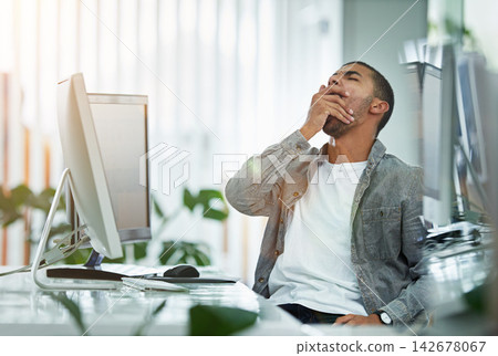 Burnout, computer and yawn with designer man in office for creative project deadline or development. Fatigue, overworked and tired with design employee in workplace for late shift or overtime Burnout, computer and yawn with designer man in office for creative project deadline or development. Fatigue, overworked and tired with design employee in workplace for late shift or overtime 142678067