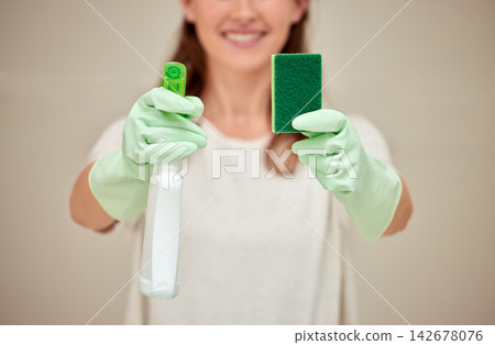 Woman, cleaning and sponge with spray in studio, biodegradable product and disinfectant liquid in bottle for hygiene. Bacteria, rubber gloves and detergent supplies, house maintenance with cleaner Woman, cleaning and sponge with spray in studio, biodegradable product and disinfectant liquid in bottle for hygiene. Bacteria, rubber gloves and detergent supplies, house maintenance with cleaner 142678076