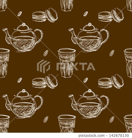 Tea and Macaron Scribble Seamless Pattern on Brown Background Tea and Macaron Scribble Seamless Pattern on Brown Background 142678130