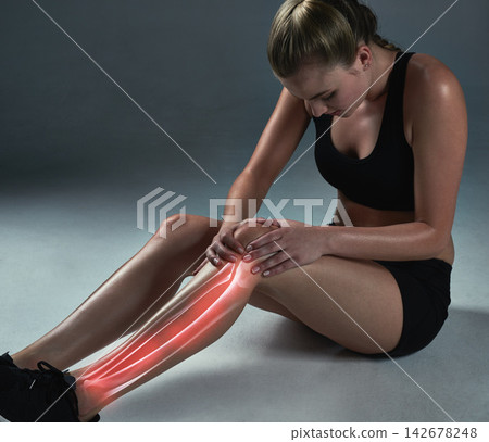 Studio, woman and legs with knee pain or injury with inflammation from exercise and workout. Female person, muscle ache and hurt from fitness, self care and wellness with wellbeing for health Studio, woman and legs with knee pain or injury with inflammation from exercise and workout. Female person, muscle ache and hurt from fitness, self care and wellness with wellbeing for health 142678248