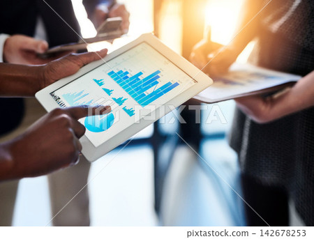 Tablet, screen and hands of business people with metrics, charts and graphs for productivity meeting. Data analysis, men and women with digital app for performance statistics, development or planning Tablet, screen and hands of business people with metrics, charts and graphs for productivity meeting. Data analysis, men and women with digital app for performance statistics, development or planning 142678253
