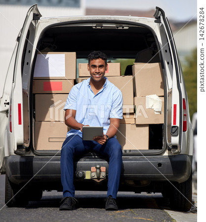 Tablet, van or portrait of delivery man with box, product or package for commercial shipping or business. Outdoor, driver or courier worker with online checklist, supply chain or distribution service Tablet, van or portrait of delivery man with box, product or package for commercial shipping or business. Outdoor, driver or courier worker with online checklist, supply chain or distribution service 142678284