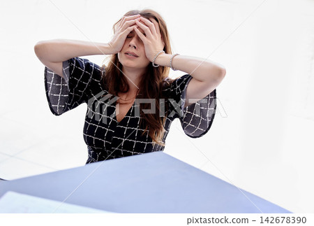 Frustrated business woman, headache and stress with anxiety in depression, fail or mistake at office. Upset female person or young employee with migraine in fatigue, mental health or financial crisis Frustrated business woman, headache and stress with anxiety in depression, fail or mistake at office. Upset female person or young employee with migraine in fatigue, mental health or financial crisis 142678390