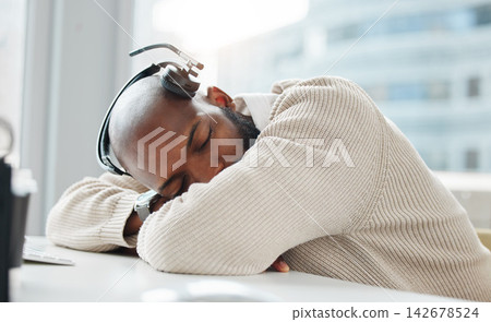 Call center, burnout or tired businessman sleeping in office fatigue from crm consulting, customer support or b2b networking. Telecom, fail or lazy African consultant exhausted by contact us workload Call center, burnout or tired businessman sleeping in office fatigue from crm consulting, customer support or b2b networking. Telecom, fail or lazy African consultant exhausted by contact us workload 142678524