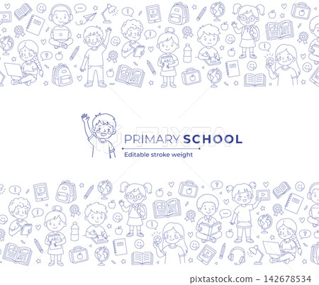 Primary school horizontal banner with double doodle education kids line art Primary school horizontal banner with double doodle education kids line art 142678534