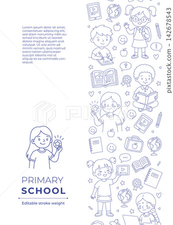 Primary school vertical flyer presentation template with right doodle border line art Primary school vertical flyer presentation template with right doodle border line art 142678543