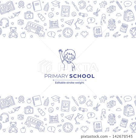 Primary school education card design with double side doodle border line art Primary school education card design with double side doodle border line art 142678545