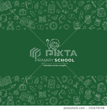 Primary school horizontal banner presentation template with double doodle border chalkboard green background line art Primary school horizontal banner presentation template with double doodle border chalkboard green background line art 142678546