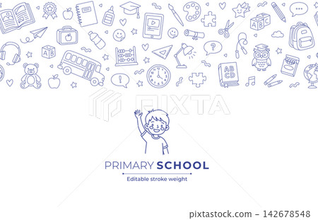 Primary school education card design with top doodle border line art Primary school education card design with top doodle border line art 142678548