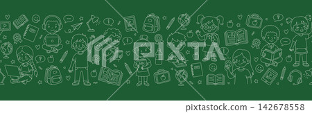 Primary school back to school seamless border chalkboard green background line art Primary school back to school seamless border chalkboard green background line art 142678558