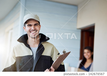 Delivery, man and portrait at house with courier, service and trust logistics with inventory checklist. Invoice, receipt and worker transport package to customer in safe shipping or supply chain Delivery, man and portrait at house with courier, service and trust logistics with inventory checklist. Invoice, receipt and worker transport package to customer in safe shipping or supply chain 142678567