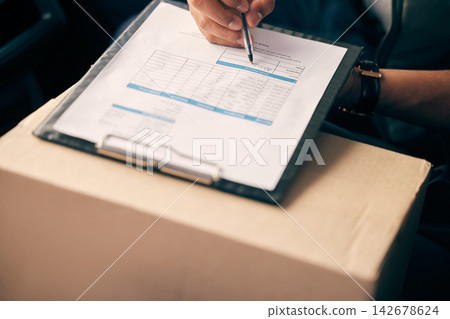 Logistic, hand and clipboard on box with pen for checklist, inspection and courier for products as job. Person or driver, service and supplier with documents, shipping and delivery of parcel Logistic, hand and clipboard on box with pen for checklist, inspection and courier for products as job. Person or driver, service and supplier with documents, shipping and delivery of parcel 142678624