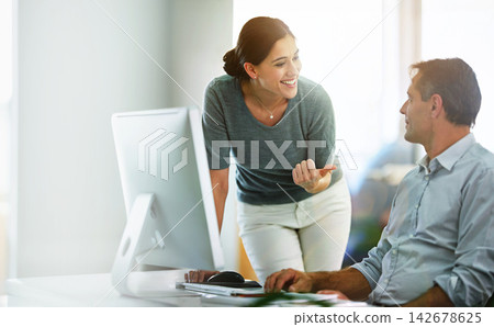 Computer, training or smile with employee and mentor in office together for discussion. Business, teamwork and question with manager coaching person in workplace for development, learning or support Computer, training or smile with employee and mentor in office together for discussion. Business, teamwork and question with manager coaching person in workplace for development, learning or support 142678625