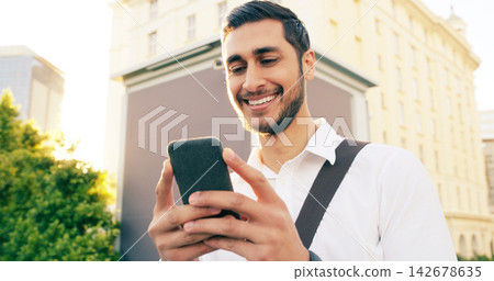 Phone, search and happy businessman walking in city with social media, chat or reading blog on morning commute. Smartphone, travel and entrepreneur outdoor with web scroll, gif or meme communication Phone, search and happy businessman walking in city with social media, chat or reading blog on morning commute. Smartphone, travel and entrepreneur outdoor with web scroll, gif or meme communication 142678635