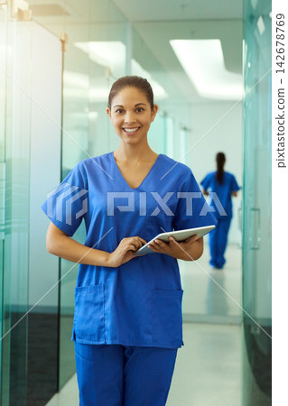 Healthcare, nurse and portrait with tablet in hospital for medical research, telehealth and digital consultation. Woman, professional and smile in corridor with tech for medicare schedule and results Healthcare, nurse and portrait with tablet in hospital for medical research, telehealth and digital consultation. Woman, professional and smile in corridor with tech for medicare schedule and results 142678769