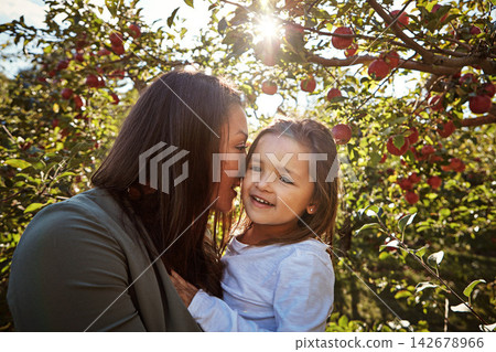 Happy, mom and kiss child in park with apple on tree at farm, orchard or relax in garden on vacation. Love, care and mother hug girl in summer with nature in backyard or adventure in countryside Happy, mom and kiss child in park with apple on tree at farm, orchard or relax in garden on vacation. Love, care and mother hug girl in summer with nature in backyard or adventure in countryside 142678966