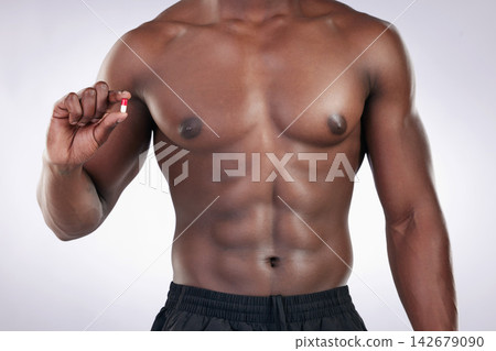 Hands, supplements and tablet for bodybuilder man in studio for choice, decision or diet by white background. Person, athlete and pills with drugs, medical or pharmaceutical product for muscle growth Hands, supplements and tablet for bodybuilder man in studio for choice, decision or diet by white background. Person, athlete and pills with drugs, medical or pharmaceutical product for muscle growth 142679090