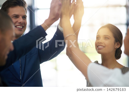 Hands, teamwork or happy business people high five for mission, collaboration or group support. Goals, victory or excited employees in meeting for sales deal, achievement target or success in office Hands, teamwork or happy business people high five for mission, collaboration or group support. Goals, victory or excited employees in meeting for sales deal, achievement target or success in office 142679183