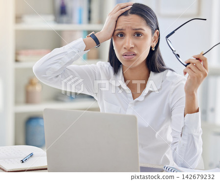 Laptop, mistake and portrait of business woman in office for reaction to accident, fail or oops. Computer, crisis and face of confused employee in workplace for anxiety, compliance or glitch Laptop, mistake and portrait of business woman in office for reaction to accident, fail or oops. Computer, crisis and face of confused employee in workplace for anxiety, compliance or glitch 142679232