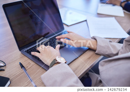Business, person and typing on laptop with keyboard at desk, working with technology for company. Human, research and computer in office with internet for writing email or idea for growth at table Business, person and typing on laptop with keyboard at desk, working with technology for company. Human, research and computer in office with internet for writing email or idea for growth at table 142679234
