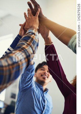 Teamwork, hands and business people in office with high five support, solidarity and goal, mission or motivation. Partnership, success and group in unity for about us, training or startup coaching 142679326