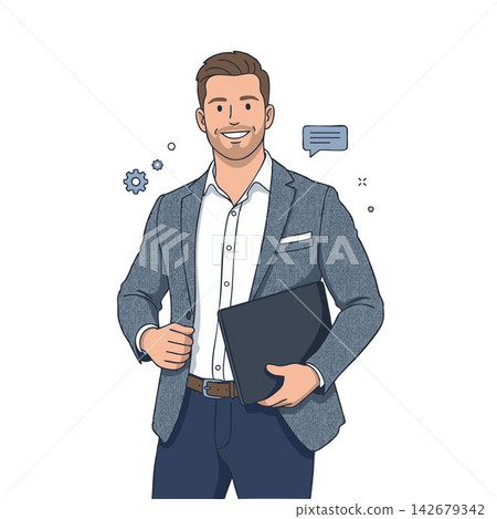 Smiling Businessman or Corporate Executive Holding a Folder Vector Illustration with Business Elements Smiling Businessman or Corporate Executive Holding a Folder Vector Illustration with Business Elements 142679342