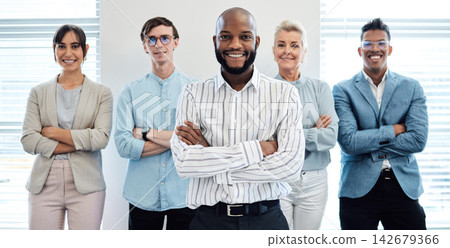Portrait, happy team and leader with confident business people for cooperation, about us or solidarity in startup. Group, manager and consultant with arms crossed for diverse staff in collaboration 142679366