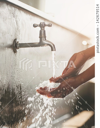 Woman, water and washing hands with tap from sink in public bathroom for hygiene, bacteria and disinfection. Person, closeup and faucet for skincare, cleaning and protection from germs in washroom Woman, water and washing hands with tap from sink in public bathroom for hygiene, bacteria and disinfection. Person, closeup and faucet for skincare, cleaning and protection from germs in washroom 142679514