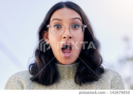 Woman, portrait and surprised of shocked for gossip, announcement and expression in nature. Emotion, face and wow or wtf emoji for female person, glasses and mind blown and amazed for secret or omg Woman, portrait and surprised of shocked for gossip, announcement and expression in nature. Emotion, face and wow or wtf emoji for female person, glasses and mind blown and amazed for secret or omg 142679850