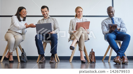 Business people, tech and waiting room for interview with recruiting, hiring process and career opportunity. Queue, laptop and group in lobby for job search, collaboration and tablet for cv update Business people, tech and waiting room for interview with recruiting, hiring process and career opportunity. Queue, laptop and group in lobby for job search, collaboration and tablet for cv update 142679933