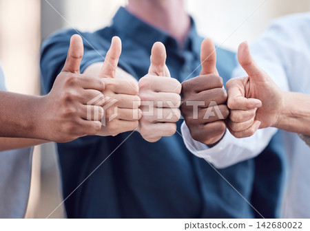 Office, meeting and business people with thumbs up for agreement, team building or support in growth. Professional employees, diversity and gesture of good news for partnership, motivation or success Office, meeting and business people with thumbs up for agreement, team building or support in growth. Professional employees, diversity and gesture of good news for partnership, motivation or success 142680022