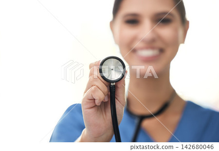 Studio, nurse or woman in portrait with stethoscope for blood pressure, heart rate and health results. Medical, female employee and tool to monitor patient, listening and mockup by white background 142680046